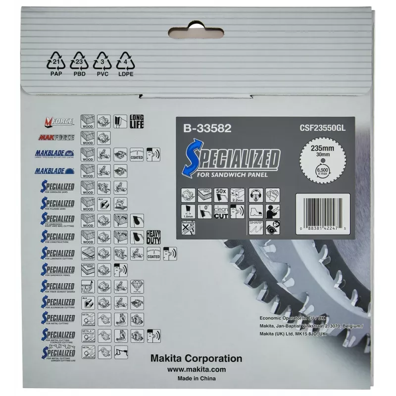 Makita Specialized B-33582 Λεπίδα δίσκου πριονιού για πάνελ σάντουιτς, 235 x 30 mm, 50 δόντια
