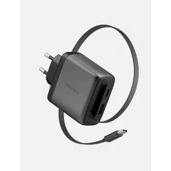 ENERGEA Ampcharge Arc 65W GaN φορτιστής τοίχου USB-A/USB-C με ανασυρόμενο καλώδιο USB-C, Gunmetal