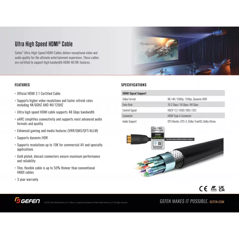 Gefen GEF-CAB-HS-HDMI-2M Καλώδιο HDMI 2.1 2m Μαύρο 48Gbit/s 3D