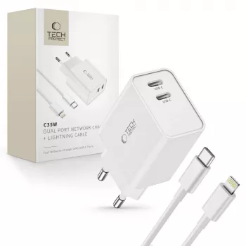 TECH-PROTECT C35W φορτιστής δικτύου 2 θυρών PD 35W + καλώδιο Lightning λευκό