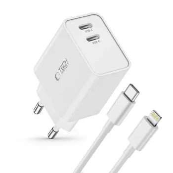 TECH-PROTECT C35W φορτιστής δικτύου 2 θυρών PD 35W + καλώδιο Lightning λευκό