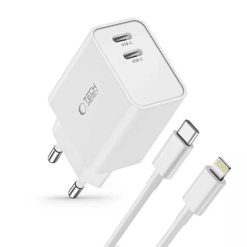 TECH-PROTECT C35W φορτιστής δικτύου 2 θυρών PD 35W + καλώδιο Lightning λευκό