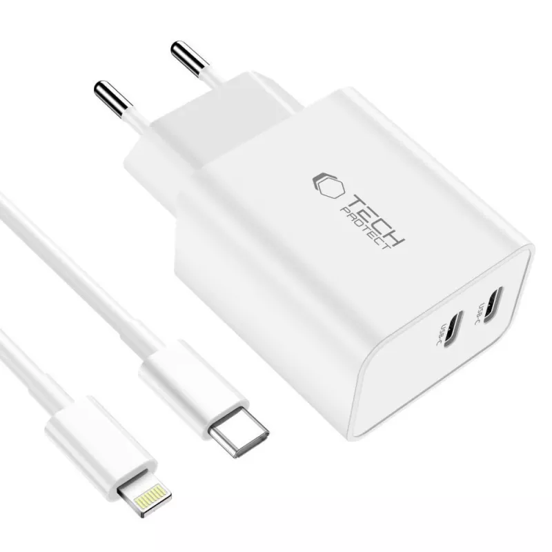 TECH-PROTECT C35W φορτιστής δικτύου 2 θυρών PD 35W + καλώδιο Lightning λευκό