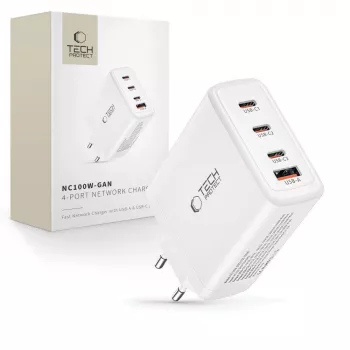 Tech-Protect NC100W-GAN 4-PORT Λευκός επιτοίχιος φορτιστής GaN 100W USB-C USB-A