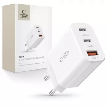 Tech-Protect NC30W Φορτιστής τοίχου USB-C & USB-A 3 θυρών 30W Λευκό