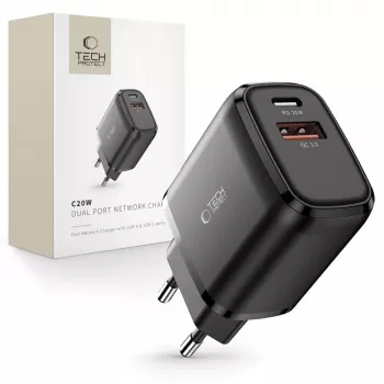 TECH-PROTECT C20W 2-θυρο φορτιστής δικτύου PD20W/QC3.0 μαύρο