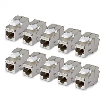 StarTech.com Θωρακισμένο Cat6a Keystone Jack Module, Συσκευασία 10 τεμ. RJ45 Ethernet Κουπλέρ, STP Cat6a Πρίζα Τοίχου, 180 Μοίρες, Χωρίς Εργαλεία, Επίπεδο, Ασημί