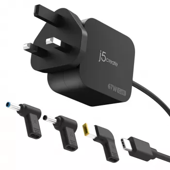 J5CREATE 67W GaN PD USB-C Μίνι φορτιστής με 3 τύπους βυσμάτων DC