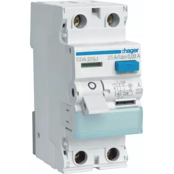 HAGER CDA225J RCCB Διακόπτης Προστασίας Διαφυγής 1P+N 25A 30mA Τύπος A 6kA