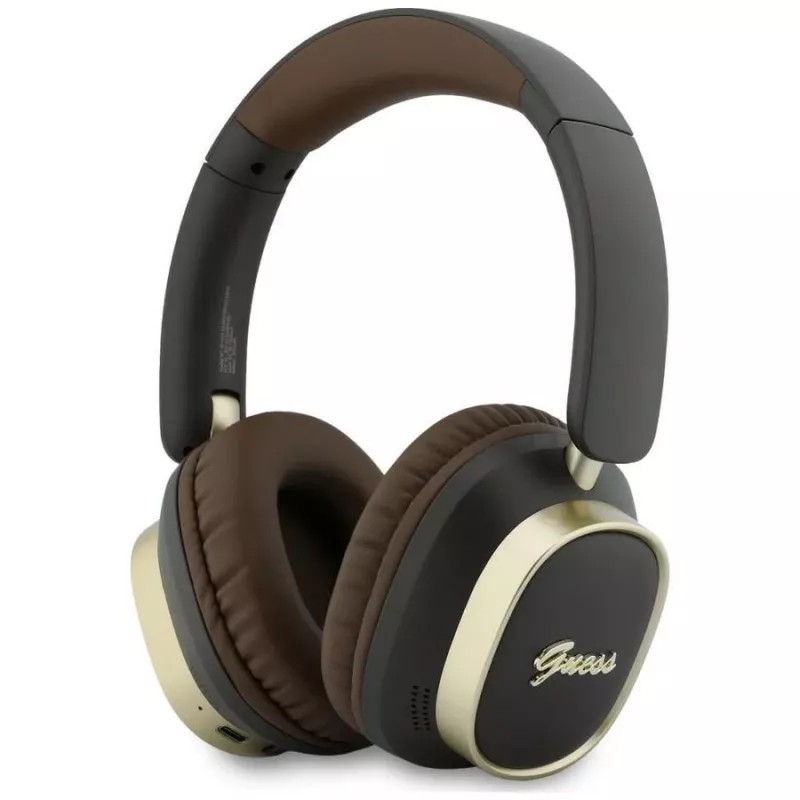 Guess Bluetooth Over-Ear Ακουστικά ENC Rectangle Metal Script Καφέ