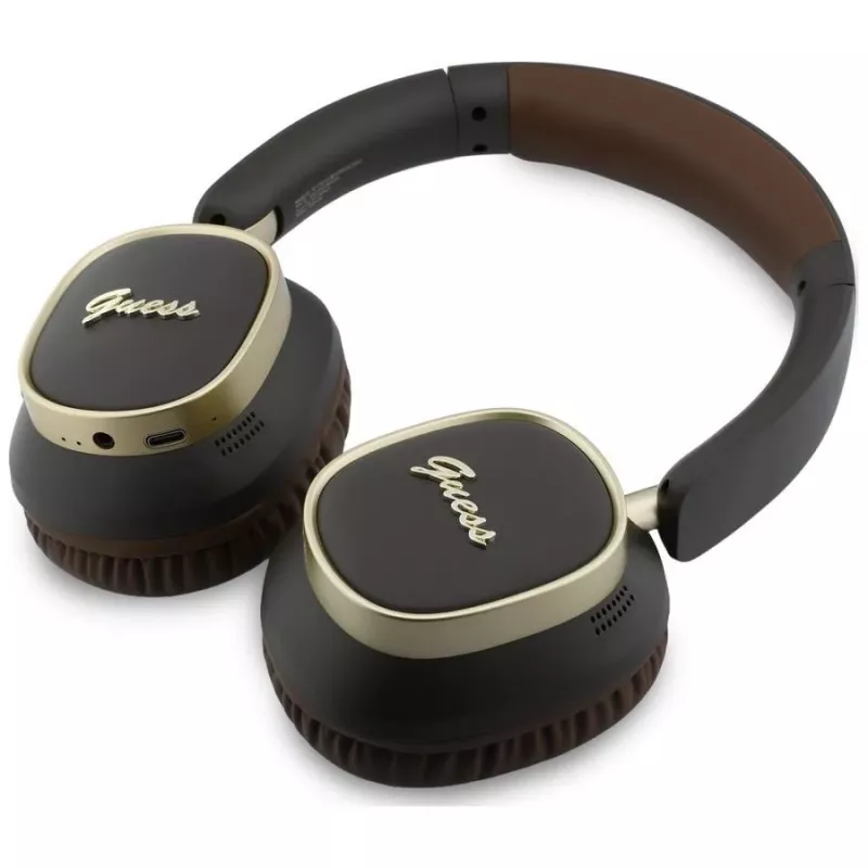 Guess Bluetooth Over-Ear Ακουστικά ENC Rectangle Metal Script Καφέ