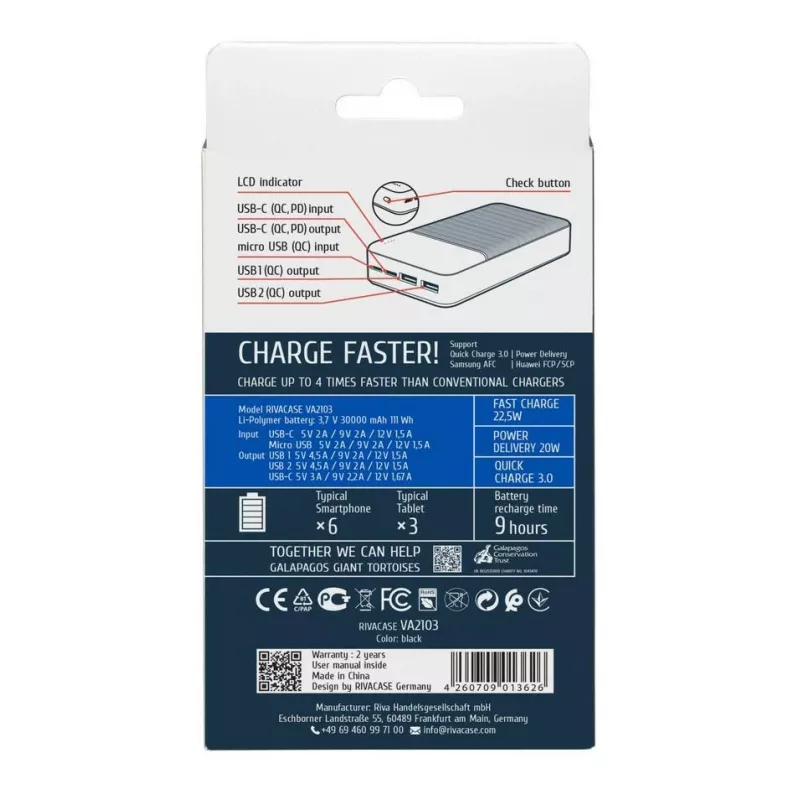 Rivacase VA2103 Power Bank 30000 mAh 22.5W Μαύρο