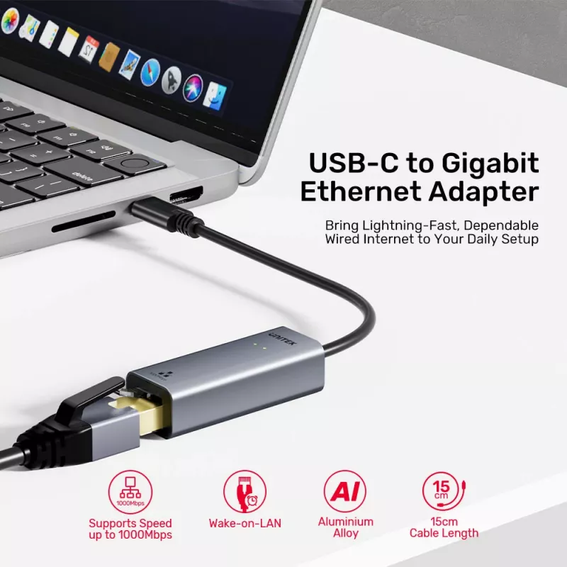 UNITEK Προσαρμογέας USB-C σε Gigabit Ethernet 1Gbps - Space Gray