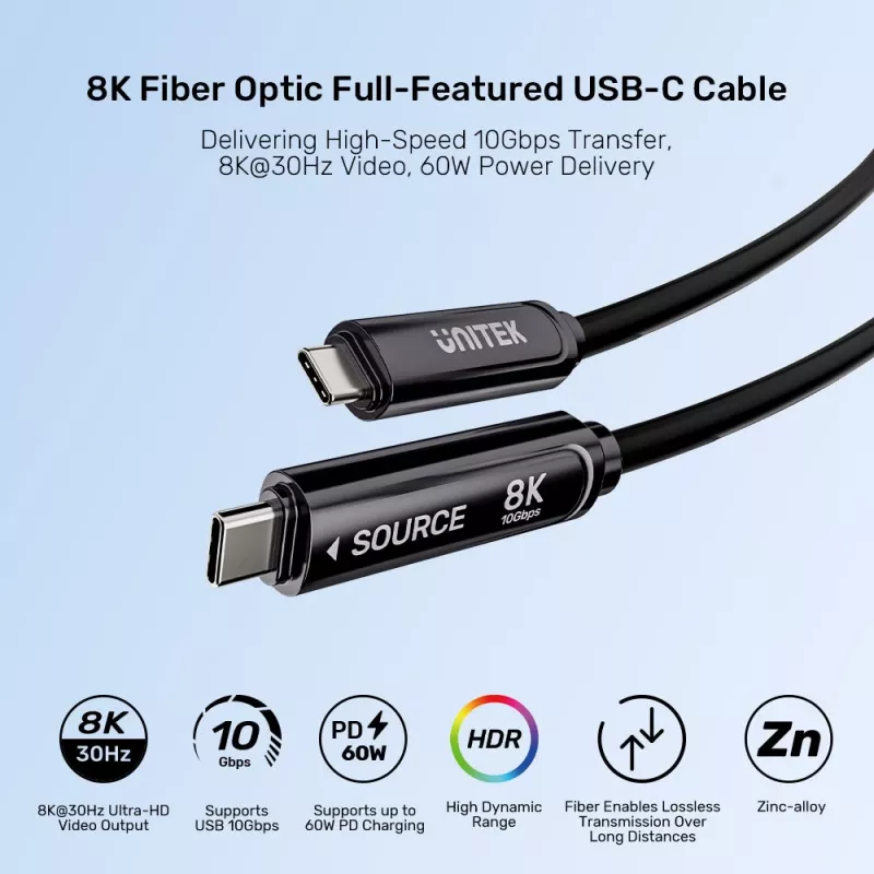 UNITEK USB-C Active Optical Cable 15m - 10Gbps, PD60W, 8K@30Hz, μαύρο