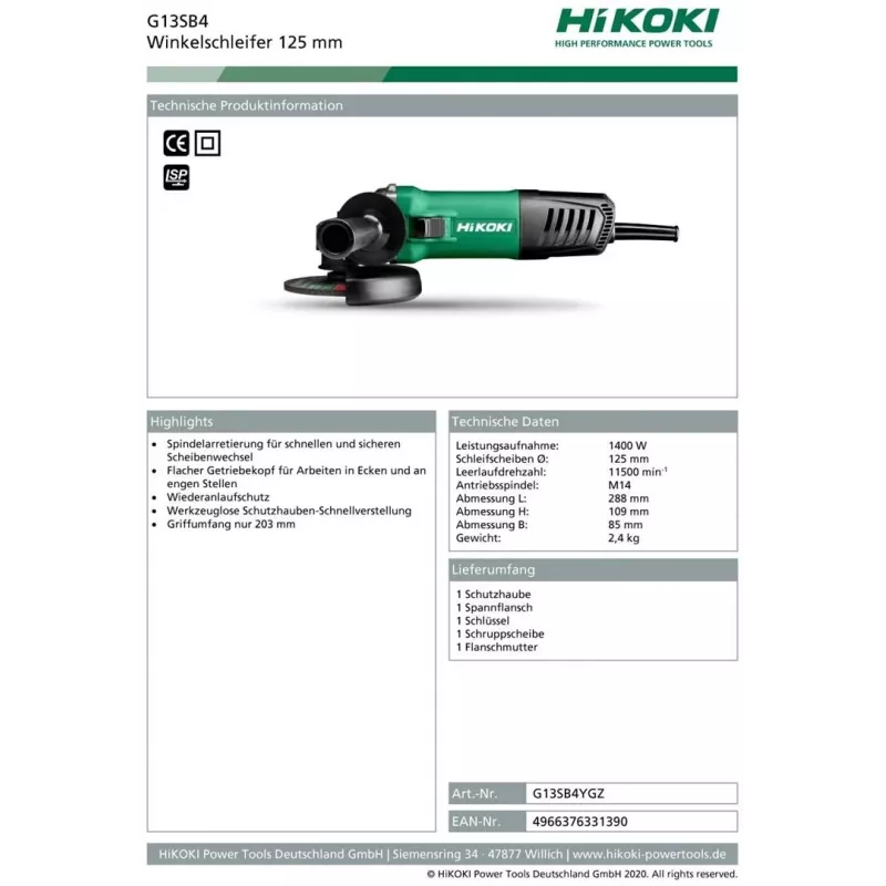 Hikoki G13SB4YGZ Γωνιακός Τροχός 3,1 kg