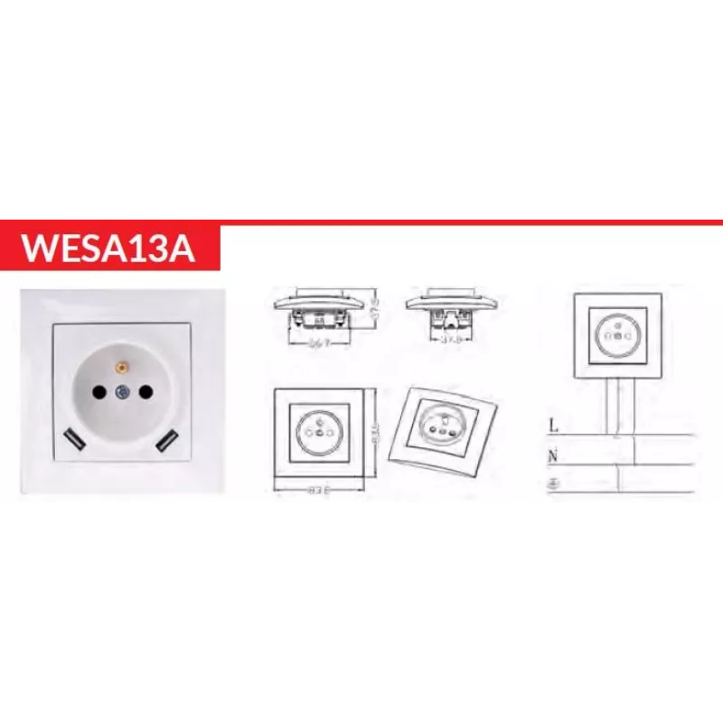 VCX WESA LC 13A Μεμονωμένη πρίζα με φορτιστή USB Λευκό
