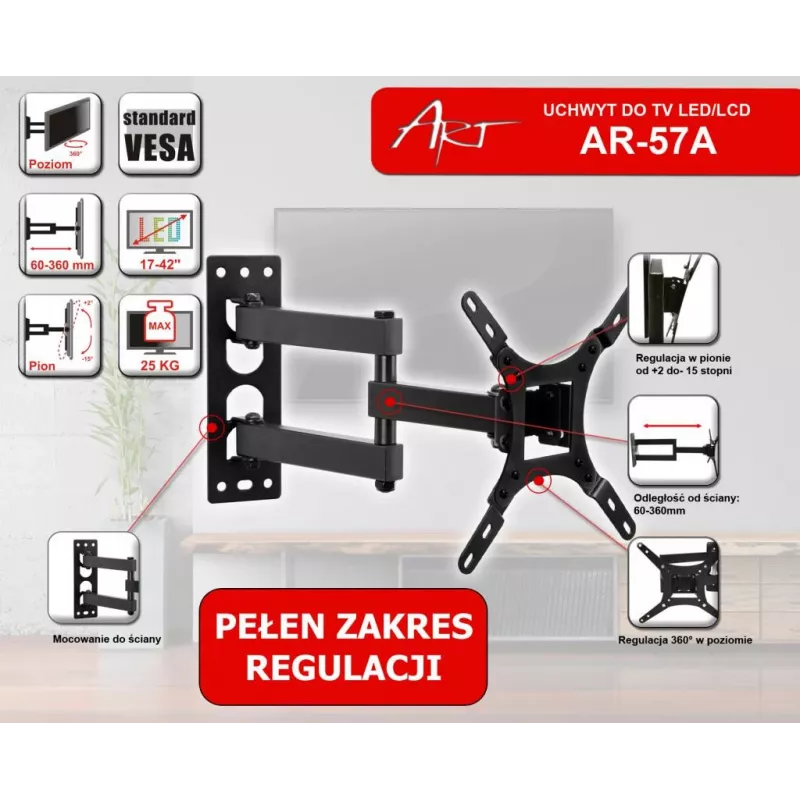 ART AR-57A Σταθερή βάση TV τοίχου για LED/LCD 17-42 ίντσες Μαύρο