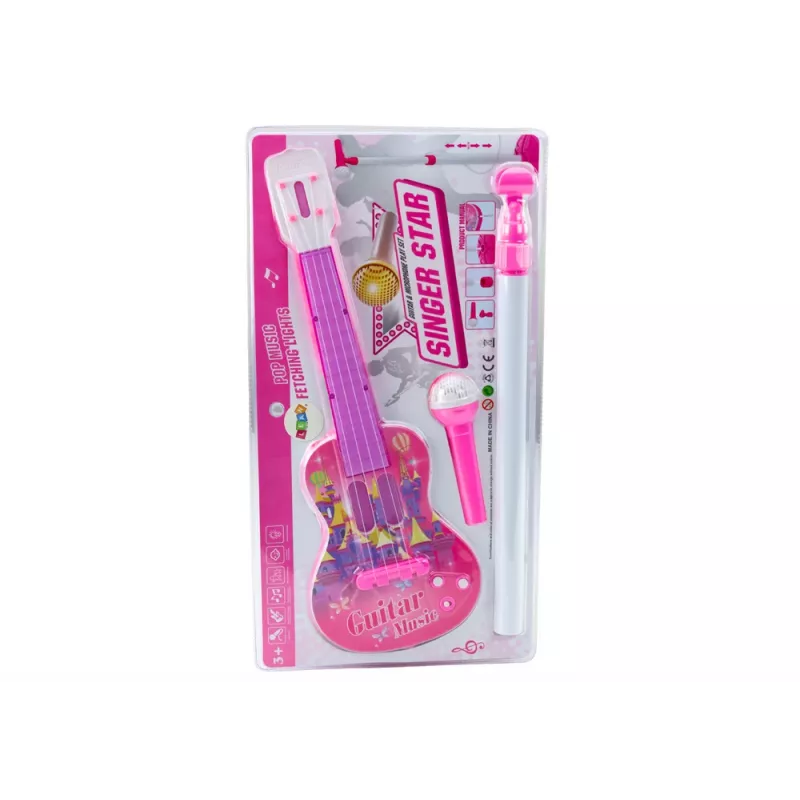 LEAN TOYS Ηλεκτρικό σετ βάσης κιθάρας με μικρόφωνο, με μπαταρία, ροζ