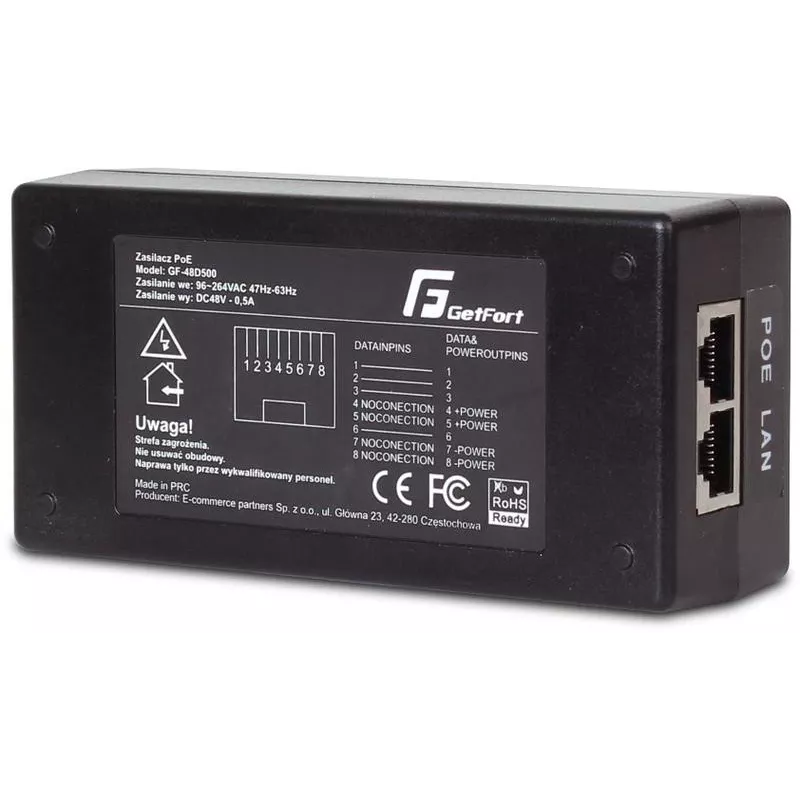 GETFORT GF-48D500 Προσαρμογέας PoE 48V 0.5A 24W Παθητικός injector PoE