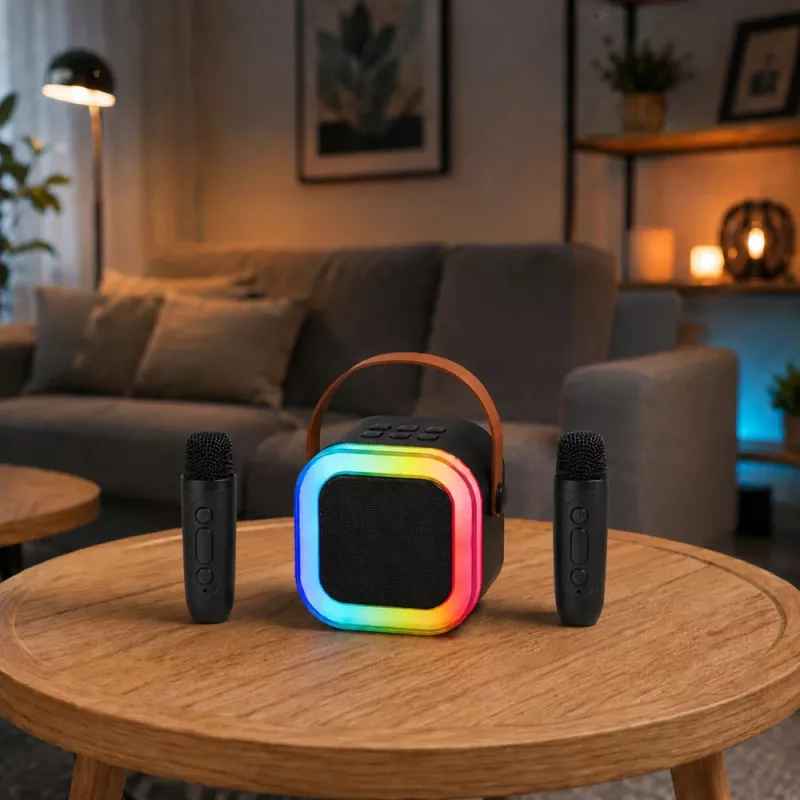 LEAN σετ καραόκε ηχείο Bluetooth δύο μικρόφωνα φώτα LED μαύρο