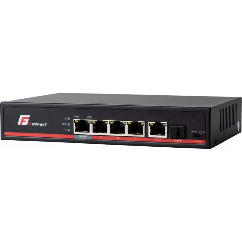 GETFORT GF-106-4PG-S-65 switch Gigabit PoE+ 5 θυρών (4 θύρες PoE+, 65W, 1 SFP) Desktop/Wall-Mount