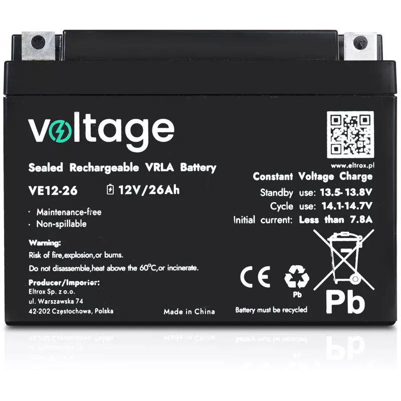 VOLTAGE μπαταρία AGM 12V 26Ah VE12-26 (διάρκεια ζωής 6-9 έτη)