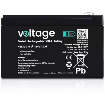 Voltage Long Life AGM Μπαταρία 12V 7Ah VEL12-7.0 (15 Χρόνια Διάρκεια Ζωής Σχεδιασμού)