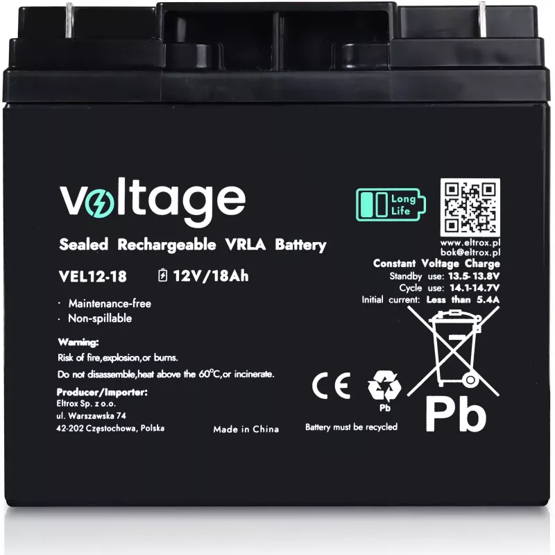 VOLTAGE AGM Long Life Μπαταρία 12V 18Ah VEL12-18