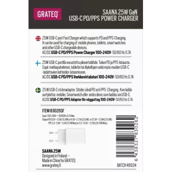 GRATEQ SAANA GaN USB-C 25W PD/PPS Φορτιστής Τοίχου Λευκό