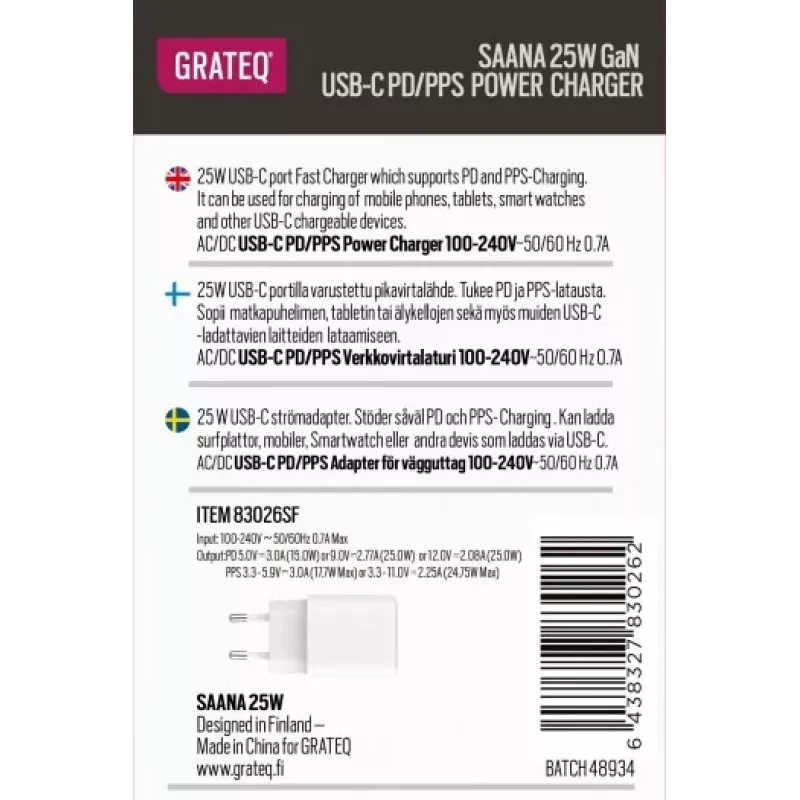 GRATEQ SAANA GaN USB-C 25W PD/PPS Φορτιστής Τοίχου Λευκό