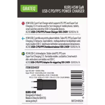 GRATEQ KURU GaN USB-C PD/PPS 45W Μαύρος Φορτιστής Τοίχου