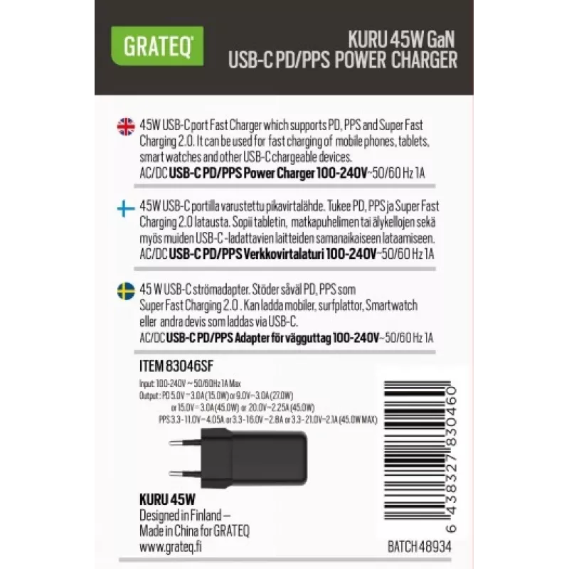 GRATEQ KURU GaN USB-C PD/PPS 45W Μαύρος Φορτιστής Τοίχου