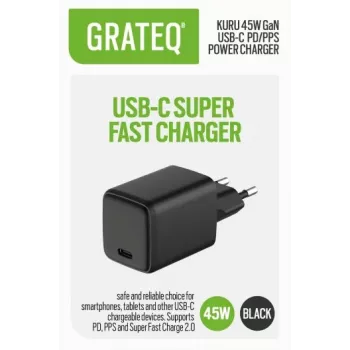 GRATEQ KURU GaN USB-C PD/PPS 45W Μαύρος Φορτιστής Τοίχου