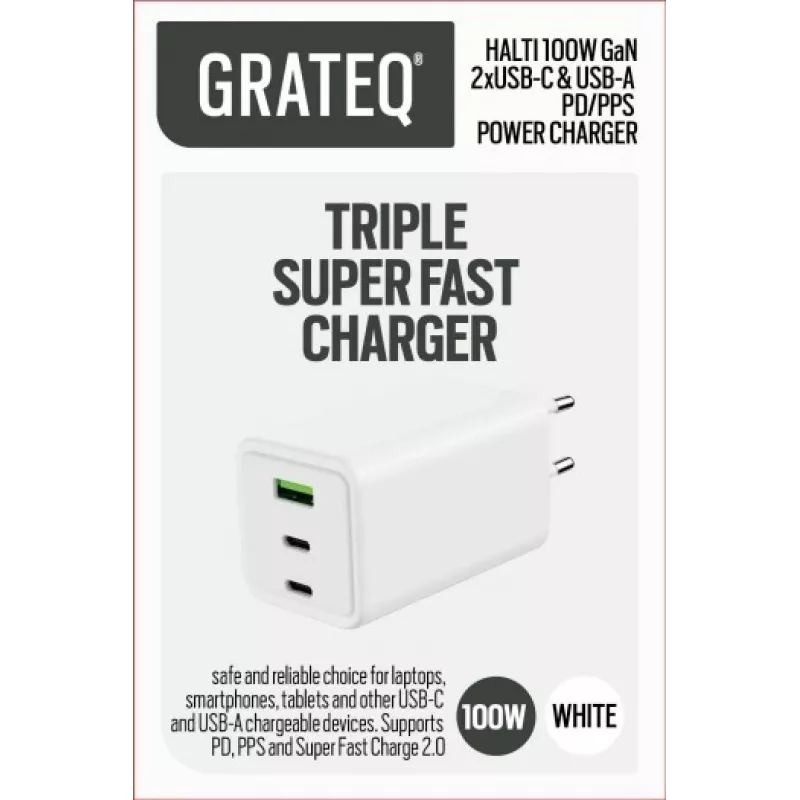 GRATEQ HALTI GaN PD/PPS 2xUSB-C/1xUSB-A 100W Φορτιστής Τοίχου Μαύρο