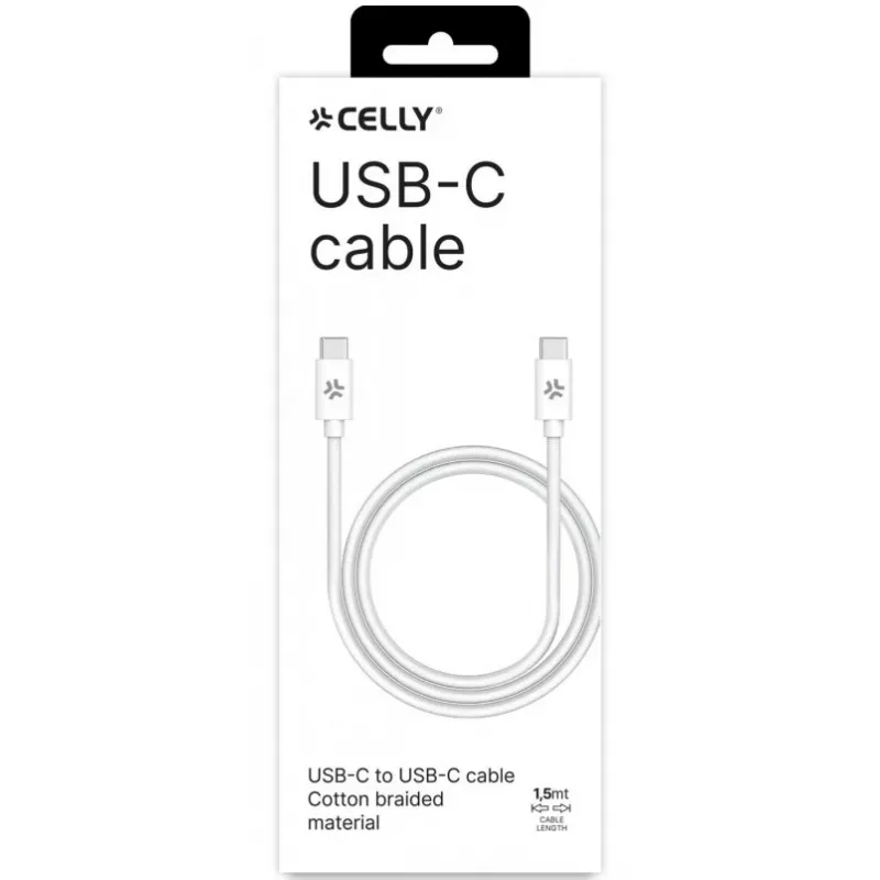 CELLY USBCUSBCCOTT - καλώδιο USB-C σε USB-C βαμβακερή πλέξη λευκό (Power Delivery)