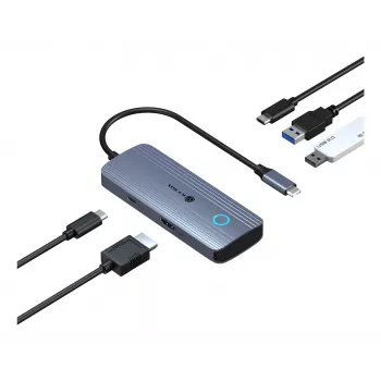IcyBox IB-DK4081-SO Spade Dock 4081 Σταθμός σύνδεσης 5 σε 1 για ταξίδια με λειτουργία φόρτισης εκτός οθόνης, USB-C, HDMI 4K, Gigabit Ethernet, 2x USB-A, 100W PD, Αλουμίνιο
