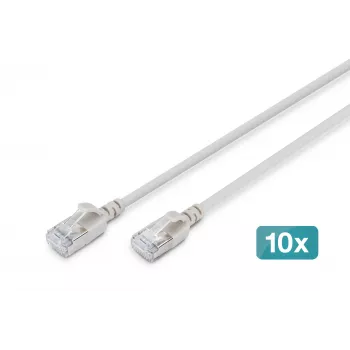 DIGITUS CAT 6A F-FTP Slim patch καλώδιο, 0,3 m, γκρι, συσκευασία 10 τεμ., 10 Gbit/s, 500 MHz, LSZH