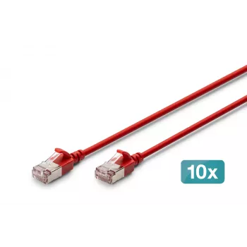 DIGITUS CAT 6A F/FTP Slim patch καλώδιο, 0,3 m, κόκκινο, συσκευασία 10 τεμ., LSZH, 10G Ethernet, RJ45