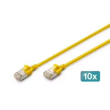 DIGITUS CAT 6A F-FTP Slim patch καλώδιο, 0,5 m, κίτρινο, συσκευασία 10 τεμ., LSZH, 10Gbps, 500MHz, 28AWG χαλκός, επιχρυσωμένα RJ45
