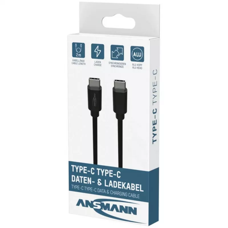 ANSMANN Καλώδιο δεδομένων και φόρτισης USB-C σε USB-C 2m Μαύρο 60W PD