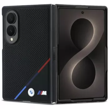 BMW M Θήκη MagSafe Δέρμα Perforated Tricolor Stripe Μεταλλικά Λογότυπα για Samsung Galaxy Z Fold8 - Μαύρο