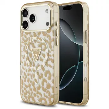 GUESS IML Leopard Glitter Triangle Logo MagSafe θήκη για iPhone 18 Pro / 17 Pro, Καφέ
