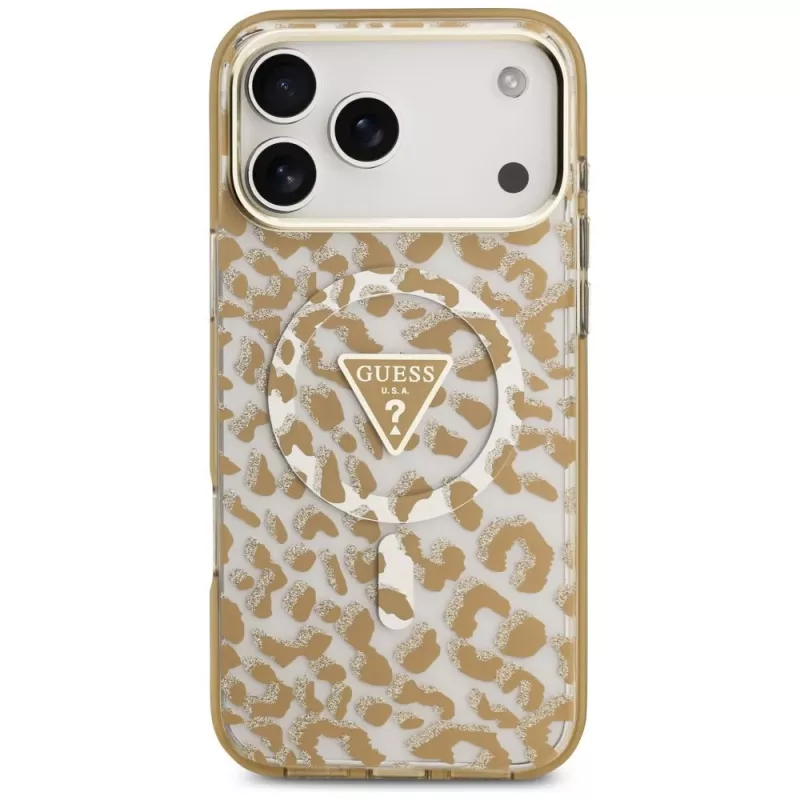 GUESS IML Leopard Glitter Triangle Logo MagSafe θήκη για iPhone 18 Pro / 17 Pro, Καφέ