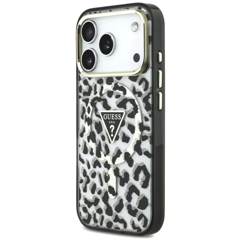 GUESS IML Leopard Glitter Triangle Logo MagSafe θήκη για iPhone 18 Pro / 17 Pro - Μαύρο
