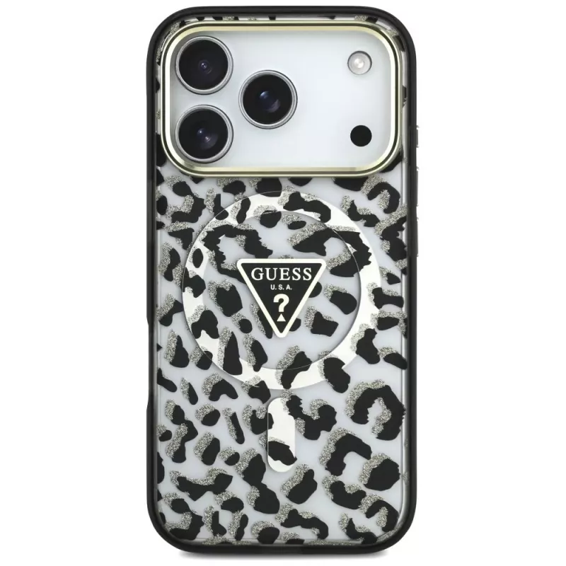 GUESS IML Leopard Glitter Triangle Logo MagSafe θήκη για iPhone 18 Pro / 17 Pro - Μαύρο