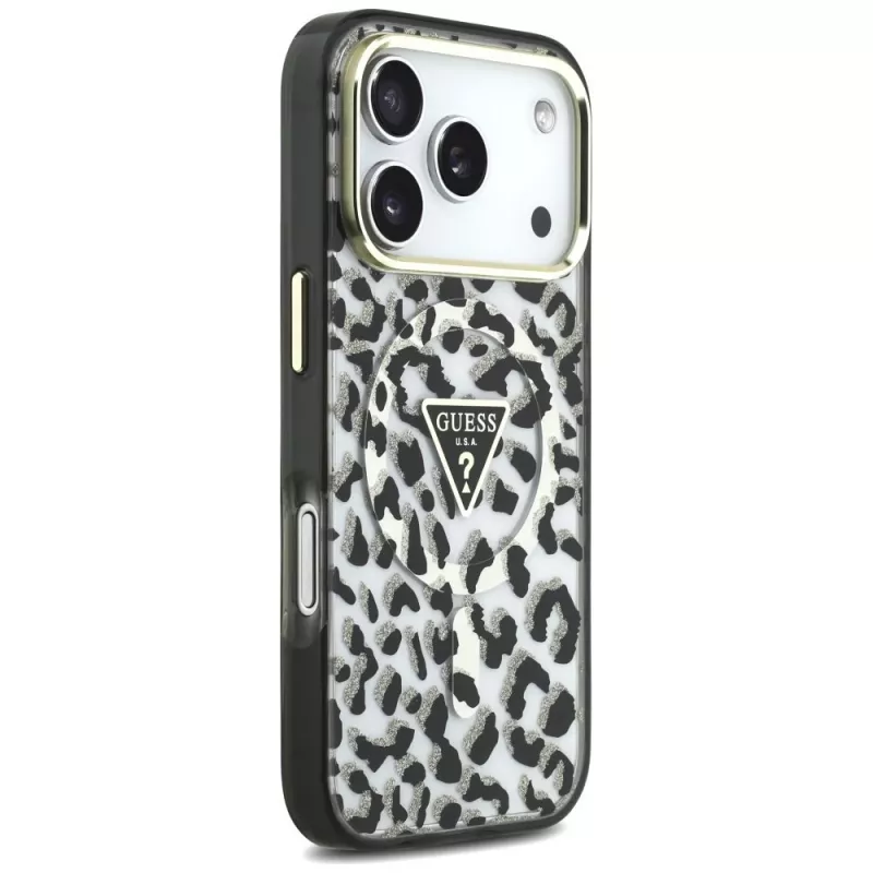 GUESS IML Leopard Glitter Triangle Logo MagSafe θήκη για iPhone 18 Pro / 17 Pro - Μαύρο