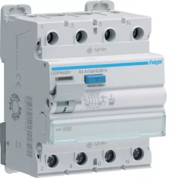 Hager CDF663D Ρελέ διαφυγής, 4-πολικό, 63 A, 30 mA, Τύπου F, 10 kA