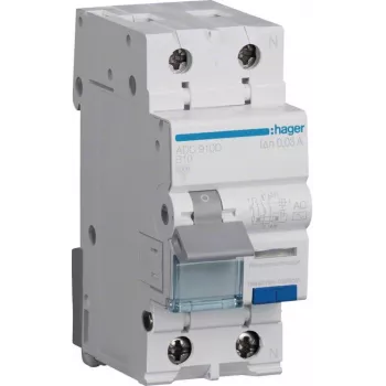 Hager ADC910D RCBO 2P 10A 30mA Τύπος AC Ρελέ διαφυγής με προστασία υπερέντασης