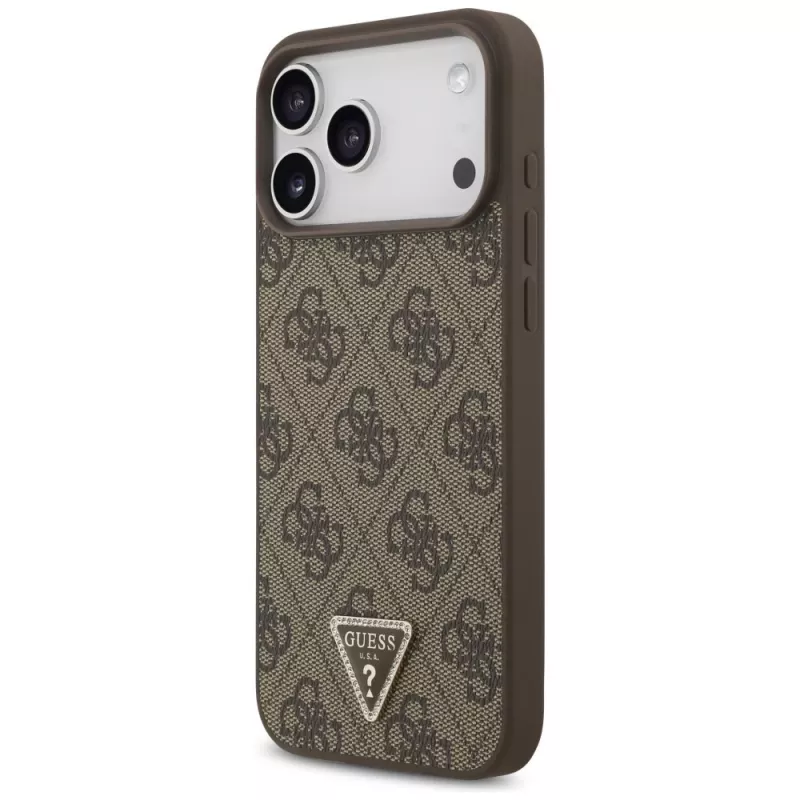 GUESS Δερμάτινη 4G Triangle Strass Θήκη MagSafe για iPhone 18 Pro Max / 17 Pro Max - Καφέ