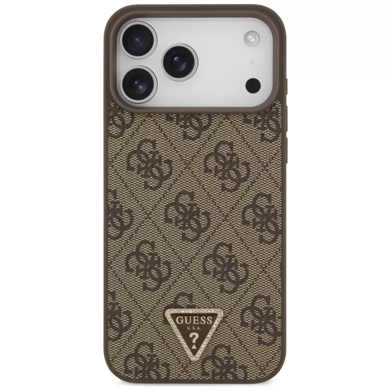 GUESS Δερμάτινη 4G Triangle Strass Θήκη MagSafe για iPhone 18 Pro Max / 17 Pro Max - Καφέ